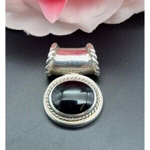 Vintage Sterling Silver 925 Oval Pendant Black Center Signed Thailand 7.22G